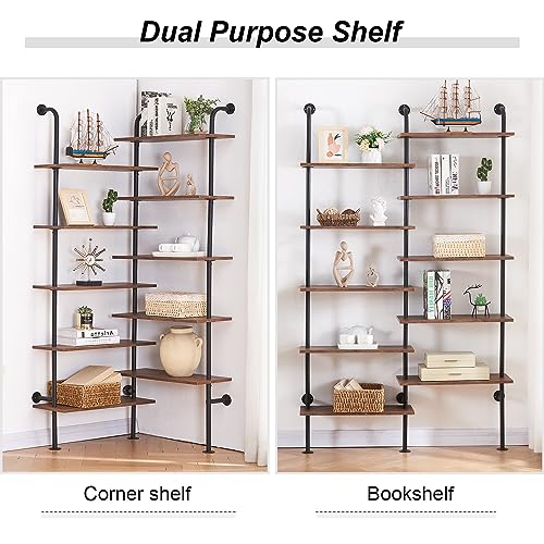 HOMBAZAAR Bookshelf,10-Tier L Shaped, Industrial Double Wide Wall Mount, Modern Bookcase with Metal Frame and Wood, Industrial Corner Pipe Shelf for Living Room and Office, Brown