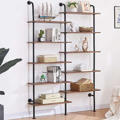 HOMBAZAAR Bookshelf,10-Tier L Shaped, Industrial Double Wide Wall Mount, Modern Bookcase with Metal Frame and Wood, Industrial Corner Pipe Shelf for Living Room and Office, Brown