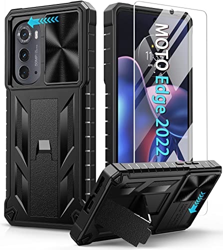 FNTCASE Military Grade Moto Edge 2022 Case: Shockproof TPU, Sturdy Kickstand & Camera Slide Cover - Black