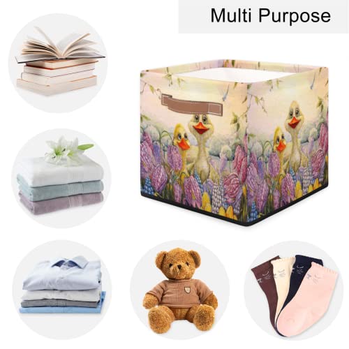 Animal Duck Fabric Storage Cubes Flower Floral Collapsible Storage Bins, Storage Boxes for Organizing Storage Baskets with Handles for Shelves, Closet, Toy, Nursery (13x13x13 Inch)