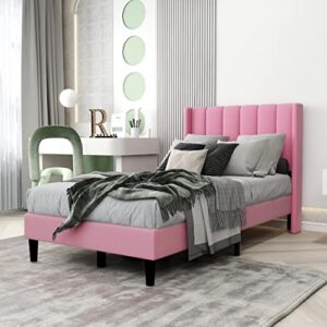 gruwans upholstered bed frame twin with wingback headboard/no box spring needed/wooden slat support/easy assemble/pink