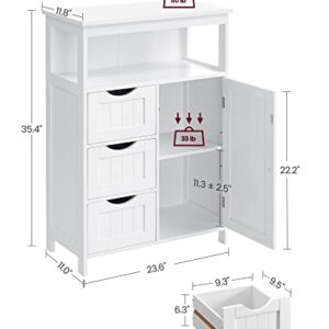 VASAGLE Bathroom Floor Storage Cabinet, Bathroom Storage Unit with 3 Drawers, Bathroom Cabinet Freestanding, Adjustable Shelf, 11.8 x 23.6 x 35.4 Inches, White UBBC542P31