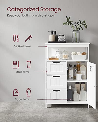 VASAGLE Bathroom Floor Storage Cabinet, Bathroom Storage Unit with 3 Drawers, Bathroom Cabinet Freestanding, Adjustable Shelf, 11.8 x 23.6 x 35.4 Inches, White UBBC542P31