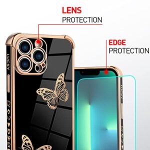 OOK Compatible with iPhone 13 Pro Max Case Luxury Plating Edge Bumper Case with Full Camera Lens Protection Cute Butterfly Pattern Cover for iPhone 13 Pro Max 6.7 Inch for Women Girl(Black)