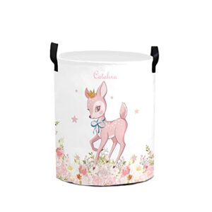 pink bambi floral deer personalized laundry basket clothes hamper storage handle waterproof, custom collapsible large capacity , for bedroom bathroom toy decoration