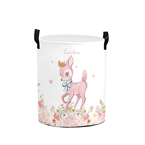 Pink Bambi Floral Deer Personalized Laundry Basket Clothes Hamper Storage Handle Waterproof, Custom Collapsible Large Capacity , for Bedroom Bathroom Toy Decoration