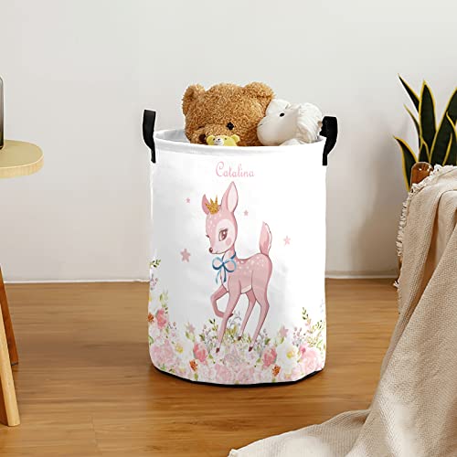 Pink Bambi Floral Deer Personalized Laundry Basket Clothes Hamper Storage Handle Waterproof, Custom Collapsible Large Capacity , for Bedroom Bathroom Toy Decoration