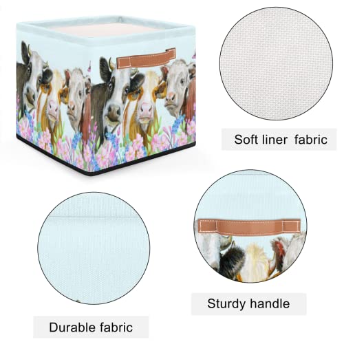 Fabric Storage Cubes Animal Cow Flower Collapsible Storage Bins, Storage Boxes for Organizing Storage Baskets with Handles for Shelves, Closet, Toy, Nursery (13x13x13 Inch)