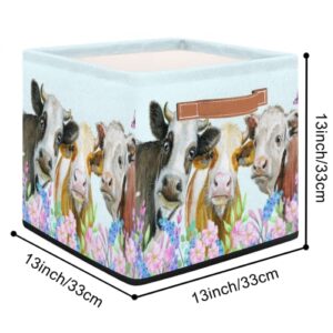 Fabric Storage Cubes Animal Cow Flower Collapsible Storage Bins, Storage Boxes for Organizing Storage Baskets with Handles for Shelves, Closet, Toy, Nursery (13x13x13 Inch)