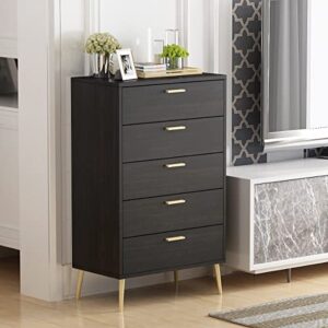 agoteni 5 drawer dresser-black chest of drawers with golden handles,contemporary mid-century solid wood tall dressers for bedroom,organizer units for living room