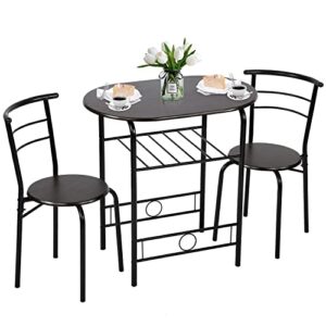 3 piece kitchen table set, woodern dining room table and chairs, compact table set for 2 person, bar table set w/built-in wine rack for breakfast nook, small space, restaurant, bistro, brown