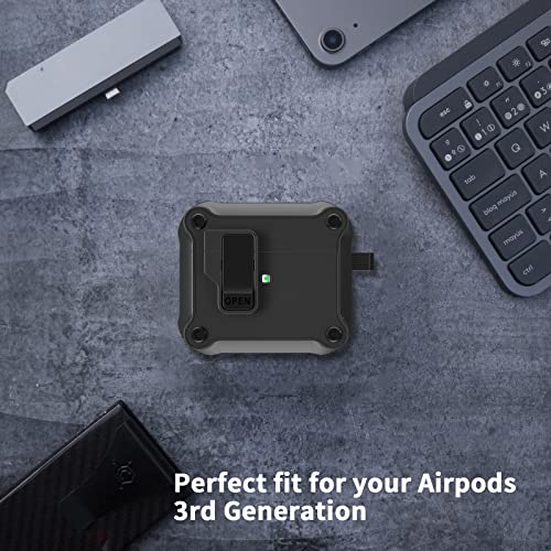 RFUNGUANGO Airpods 3rd Generation Case with Secure Lock Clip, Full Body Shockproof Hard Shell Protective, AirPods 3 Case Compatible with Apple AirPod 3rd Gen 2021 [Front LED Visible] - Black