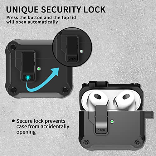RFUNGUANGO Airpods 3rd Generation Case with Secure Lock Clip, Full Body Shockproof Hard Shell Protective, AirPods 3 Case Compatible with Apple AirPod 3rd Gen 2021 [Front LED Visible] - Black