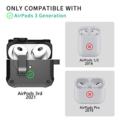 RFUNGUANGO Airpods 3rd Generation Case with Secure Lock Clip, Full Body Shockproof Hard Shell Protective, AirPods 3 Case Compatible with Apple AirPod 3rd Gen 2021 [Front LED Visible] - Black