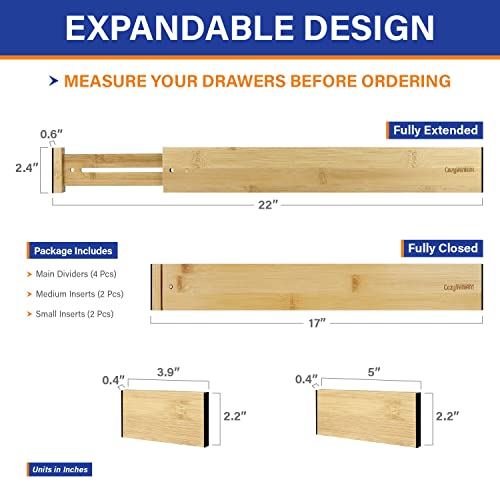 CozyVenient Adjustable Bamboo Drawer Dividers for Clothes, Kitchen Utensils, Office Desks, Bathroom Accessories, Socks and Underwear, and Personal Items, 4 Dividers with 4 Partitions