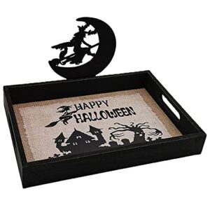 halloween decorations - halloween serving trays and platters, snack serving tray with handles, wooden trays for decor with burlap tote bag(witch)