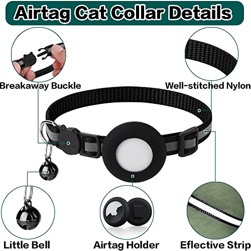 Airtag Cat Collar Breakaway, Reflective Kitten Collar with Apple Air Tag Holder and Bell for Girl Boy Cats, 0.4 Inches in Width and Lightweight(Black)