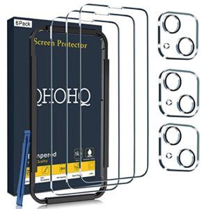 qhohq 3 pack screen protector for iphone 14 plus 6.7 inch with 3 pack tempered glass camera lens protector, ultra hd, 9h hardness, case friendly [easy to install frame]