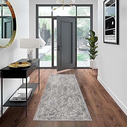 HomeNette Washable Area Rugs, 3x5 Dark Grey Rug with Non Slip Backing, Stain Resistant, Foldable, Boho Machine Washable Carpet for Kitchen, Bathroom, Bedroom or Living Room (3' x 5'2")