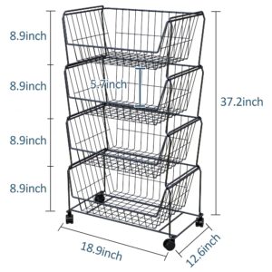 PUSDON 4-Tier Stackable Metal Storage Baskets, Anti-Rust Fruit Vegetable Rack, Dual Use Shelf for Kitchen, Home & Office, Black