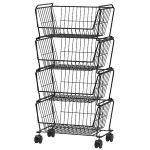 PUSDON 4-Tier Stackable Metal Storage Baskets, Anti-Rust Fruit Vegetable Rack, Dual Use Shelf for Kitchen, Home & Office, Black