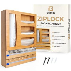 bamboo ziplock plastic bag - space saving storage organizer for drawer - sandwich bag organizer for drawer has 2 foil cutters & 4 compartments