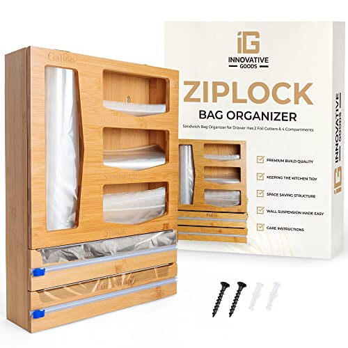 Bamboo Ziplock Plastic Bag - Space Saving Storage Organizer for Drawer - Sandwich Bag Organizer for Drawer Has 2 Foil Cutters & 4 Compartments