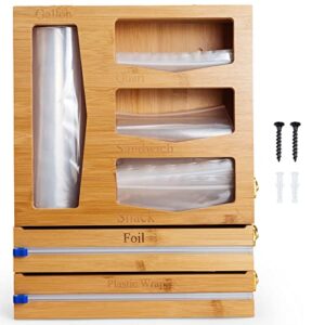 Bamboo Ziplock Plastic Bag - Space Saving Storage Organizer for Drawer - Sandwich Bag Organizer for Drawer Has 2 Foil Cutters & 4 Compartments