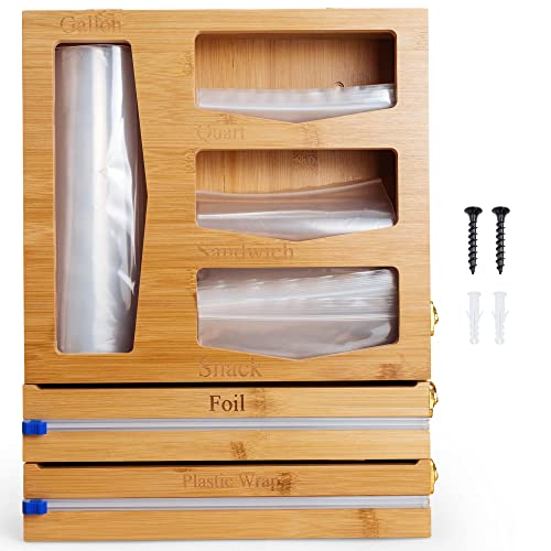 Bamboo Ziplock Plastic Bag - Space Saving Storage Organizer for Drawer - Sandwich Bag Organizer for Drawer Has 2 Foil Cutters & 4 Compartments