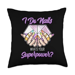 nail salon - nail technician & nails manicure whats your superpower nail tech throw pillow, 18x18, multicolor