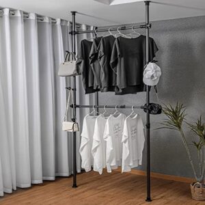 free standing closet, double adjustable heavy duty clothing racks for hanging clothes, closet organizer system standing clothes rack with telescopic clothing rod fit for clothes storage. (black)
