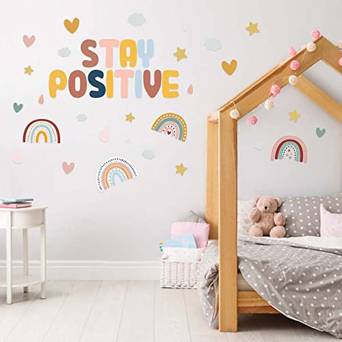 Winnwing Boho Rainbow Cutouts for Classroom Bulletin Board Decorations, Colorful DIY Stay Positive Cut-Outs Back to School Nursery Wall Decals Baby Shower Birthday Party Supplies Kids Girls, 56 Pcs