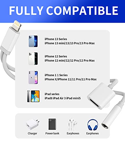 Iphone AUX Adapter for Headphone Jack Cable Dongle 2in1 Lightning to 3.5mm Splitter Charge Cord Apple MFI Certified Music Earphone Charging Converter for 7 8 Plus 11 12 13 Pro Max Audio Adaptador Para