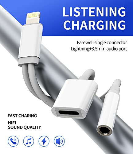 Iphone AUX Adapter for Headphone Jack Cable Dongle 2in1 Lightning to 3.5mm Splitter Charge Cord Apple MFI Certified Music Earphone Charging Converter for 7 8 Plus 11 12 13 Pro Max Audio Adaptador Para