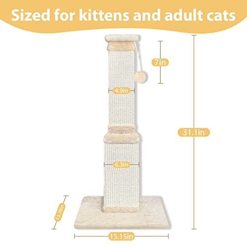 AGYM Cat Scratching Post, 32 Inch Large Cat Scratch Post for Adult Cats and Kittens, Nature Sisal Modern Cat Scratcher for Indoor Cats, Protect Your Furniture and Exercise Cats, Beige