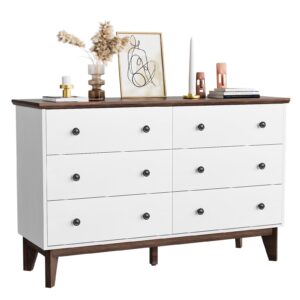 lynsom white dresser for bedroom, modern 6 drawer double dresser with deep drawers and gold knobs, wood storage chest of drawers for living room, office