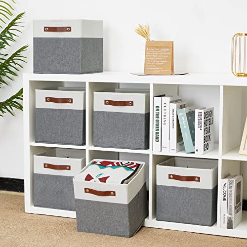 ECEGEVA Collapsible Storage Bins, Fabric Storage Cubes for Home, 11x11 Cube Storage Bins with Leather Handles for Storage Clothes, Storage Bins for Cube Organizer for Office, Closet(White&Grey,6 Pack)