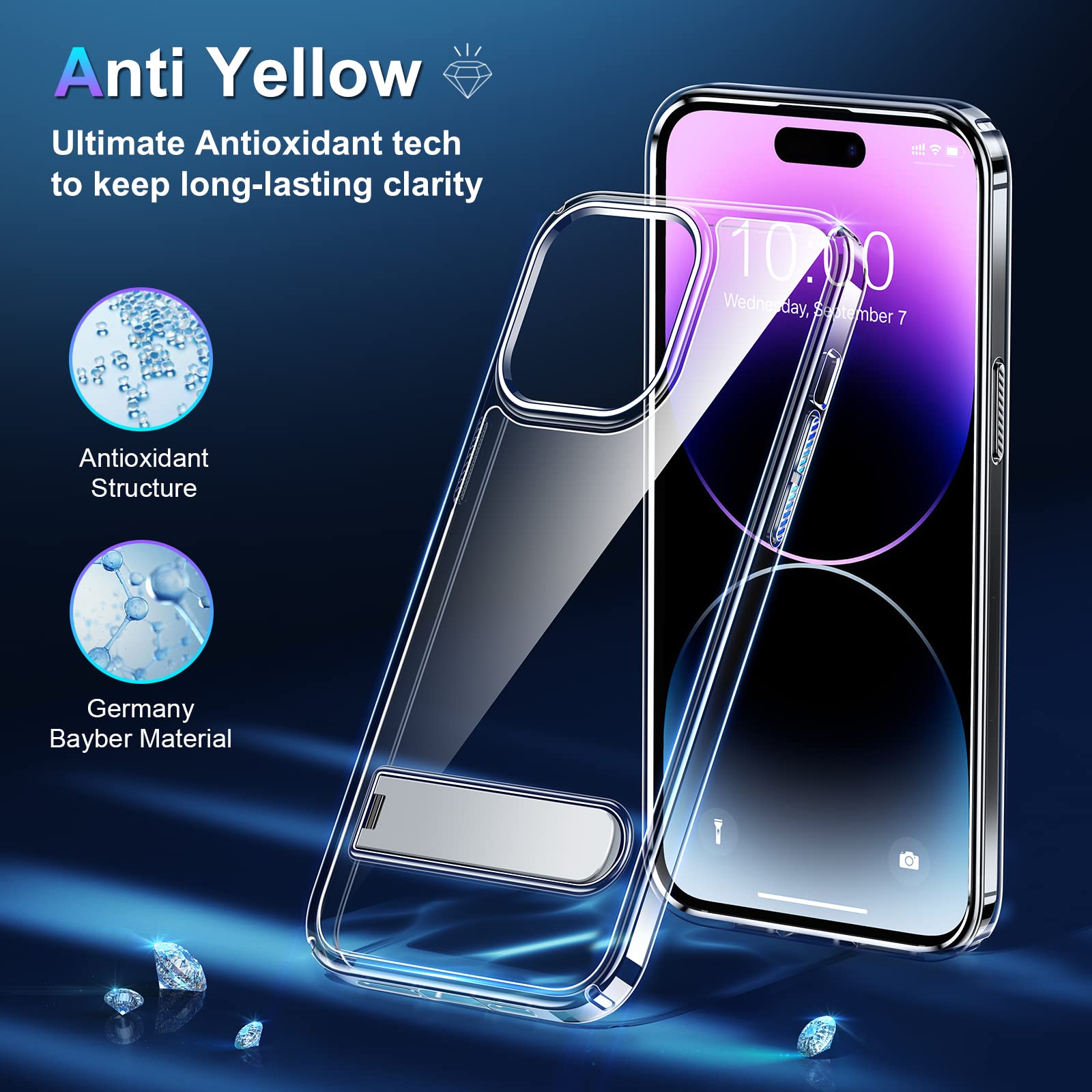 Simtect Crystal Clear for iPhone 14 Pro Max Phone Case, [Not Yellowing] [3 Stand Way][14FT Military Drop Protection] Protective Slim Kickstand Shockproof Phone Case for iPhone 14 Pro Max, Clear