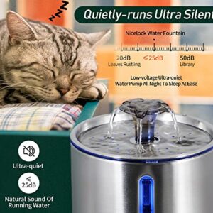 Nicelock Cat Water Fountain Pet Fountain Stainless Steel Metal Dog Drinking Fountains Automatic Pet Water Fountain Ultra-Quiet | Hygienic Material | Dishwasher Safe & Smart LED Light| 84oz/2.5L