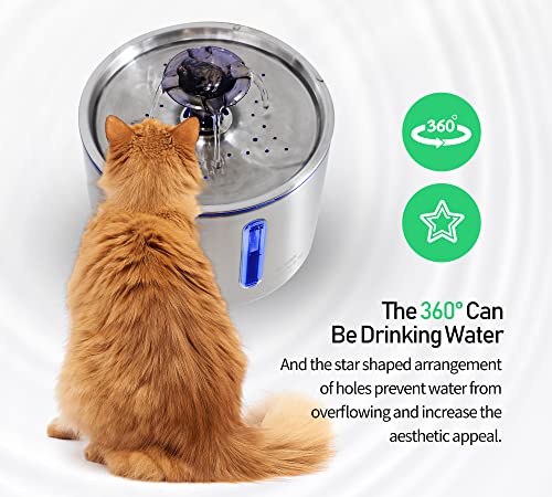 Nicelock Cat Water Fountain Pet Fountain Stainless Steel Metal Dog Drinking Fountains Automatic Pet Water Fountain Ultra-Quiet | Hygienic Material | Dishwasher Safe & Smart LED Light| 84oz/2.5L