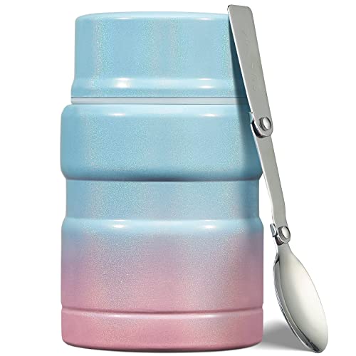 Charcy 17 Ounce Kids Thermos for Hot Food - Soup Thermos with Folding Spoon - Insulated Food Jar for Hot & Cold Food - Powder Blue&Pink