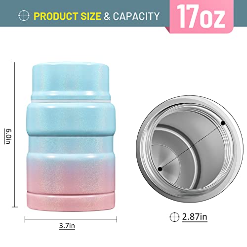 Charcy 17 Ounce Kids Thermos for Hot Food - Soup Thermos with Folding Spoon - Insulated Food Jar for Hot & Cold Food - Powder Blue&Pink