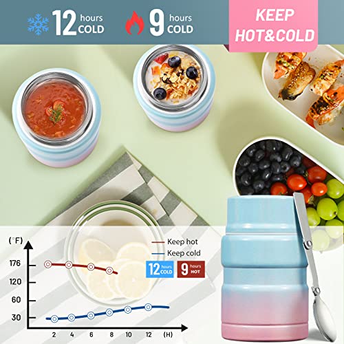 Charcy 17 Ounce Kids Thermos for Hot Food - Soup Thermos with Folding Spoon - Insulated Food Jar for Hot & Cold Food - Powder Blue&Pink