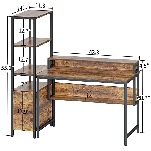 CubiCubi Computer Desk 55 inch with Storage Shelves, Home Office Desk with Hutch, Study Writing Work Table, Modern Simple Style, Brown