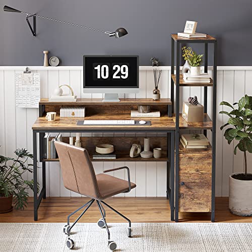 CubiCubi Computer Desk 55 inch with Storage Shelves, Home Office Desk with Hutch, Study Writing Work Table, Modern Simple Style, Brown