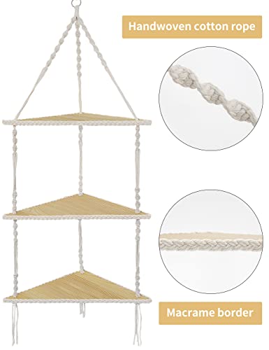 Mazjoaru Macrame Corner Shelves 3 Tier, Boho Handmade Woven White Rope Beige Hanging Floating Shelf Decor Display Storage Organizer for Bedroom Bathroom Office Living Room