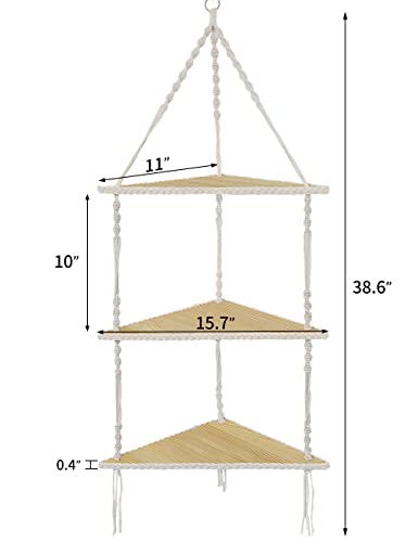 Mazjoaru Macrame Corner Shelves 3 Tier, Boho Handmade Woven White Rope Beige Hanging Floating Shelf Decor Display Storage Organizer for Bedroom Bathroom Office Living Room