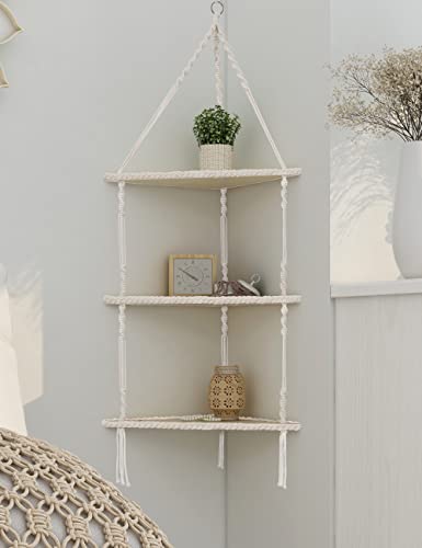 Mazjoaru Macrame Corner Shelves 3 Tier, Boho Handmade Woven White Rope Beige Hanging Floating Shelf Decor Display Storage Organizer for Bedroom Bathroom Office Living Room