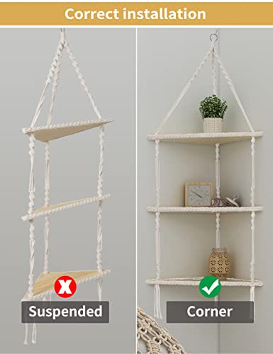 Mazjoaru Macrame Corner Shelves 3 Tier, Boho Handmade Woven White Rope Beige Hanging Floating Shelf Decor Display Storage Organizer for Bedroom Bathroom Office Living Room