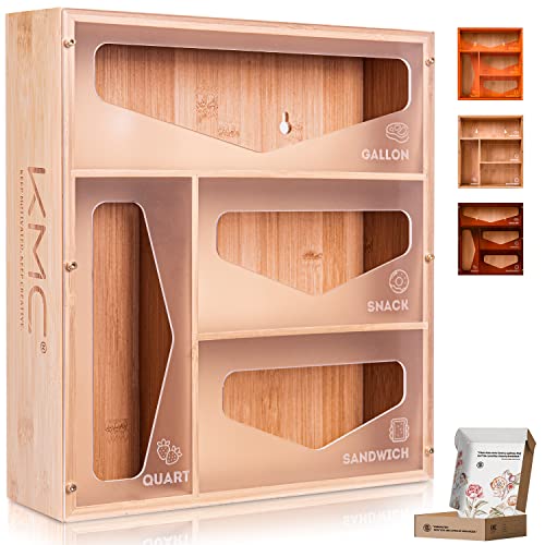 KMC Bamboo Ziplock Bag Organizer for Drawer,Acrylic Ziplock Bag Storage Organizer, Kitchen Storage Organizer, 4 Slots in 1 Box, compatible with Gallon, Quart, Snack and Sandwich(Frosted)